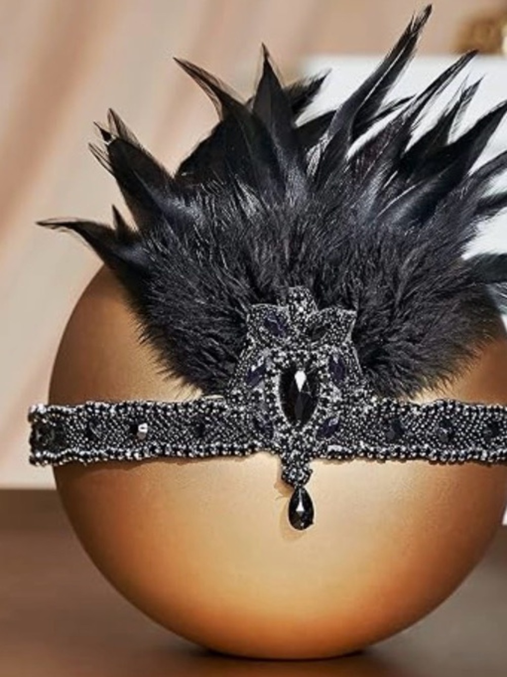 Black Feathered Beaded Headband with Jewel Accent